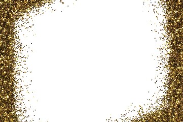 Glittering frame Gold sparkles edging white space. Texture, shine, and luxury for celebrations or design. Copy space in center