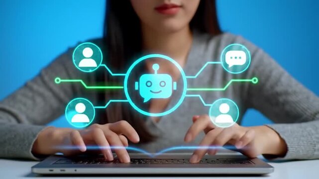 AI agent chat service and customer support. Artificial intelligence helping and assisting customer. Man using laptop computer to ask questions to AI at desk