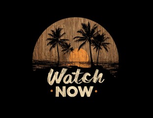 Obraz premium Wood-textured circle graphic with palm trees, sunset, and 