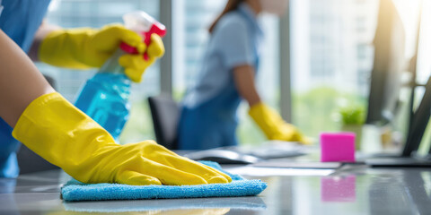 Professional cleaning crew member with yellow gloves wiping and sanitizing office desks.