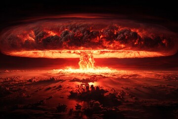 Nuclear explosion generating a mushroom cloud over a city