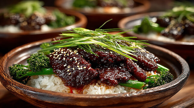 Close up of a delicious beef and rice bowl with broccolini and green onions, a gourmet asian cuisine