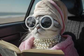 Fashionable cat reading a book in a car