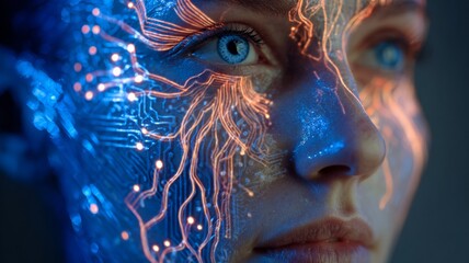 Woman showing futuristic ai interface projected on face