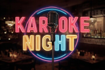 Karaoke night neon sign with vintage microphone in a pub