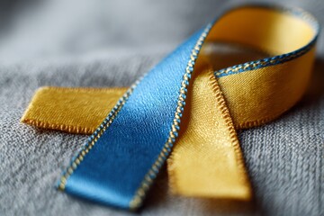 Blue and yellow ribbon showing support for ukraine pinned on grey fabric