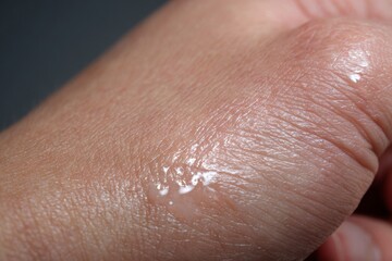 Fototapeta premium Transparent cream being applied on back of hand: skincare macro close-up