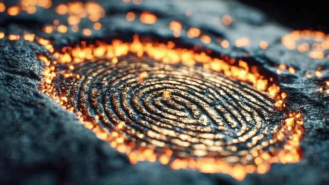 Macro image of a glowing fingerprint impression on a dark surface, symbolizing identity, technology, and security