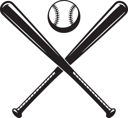 Monochrome two crossed baseball bats, icon sports tool. Vector illustration, isolated on white background. Simple shape for design logo, emblem, symbol, sign, badge, label, stamp
