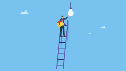 Success businessman leader climb up ladder to change lightbulb idea. Change to new innovation, transform to new business, solution to disrupt or replace old model with bright technology.
