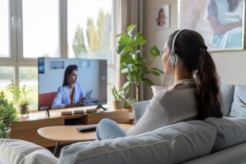Patient wearing headphones having video call with doctor on tv for telemedicine