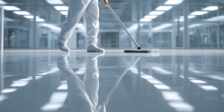 Professional cleaner mops a pristine, reflective floor in a modern cleanroom facility.