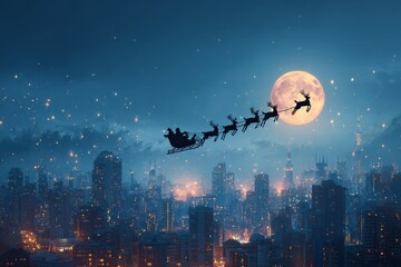 Santa claus flying over city skyline at night with full moon
