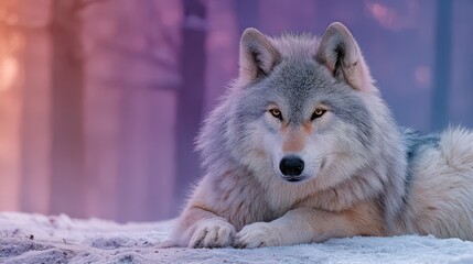 Obraz premium Majestic gray wolf resting in a snowy forest with soft purple hues in the background