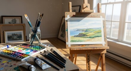 Artistic workspace filled with painting tools and a coastal landscape watercolor painting on an