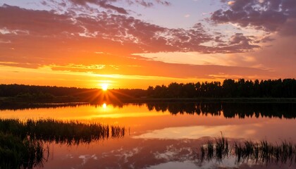 Vibrant sunset over calm lake, reflecting fiery colors in tranquil waters, silhouetted trees on shore