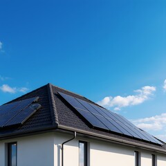 Fototapeta premium Solar panels on modern house roof under clear blue sky