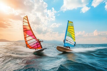 Colorful windsurfers racing across the waves during a vibrant sunset