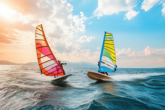Colorful windsurfers racing across the waves during a vibrant sunset