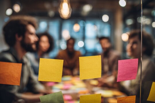 Business team brainstorming using sticky notes on glass wall in modern office