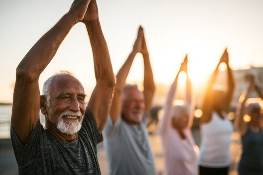 Group of seniors stretching outdoors at sunset: promoting health and inclusivity