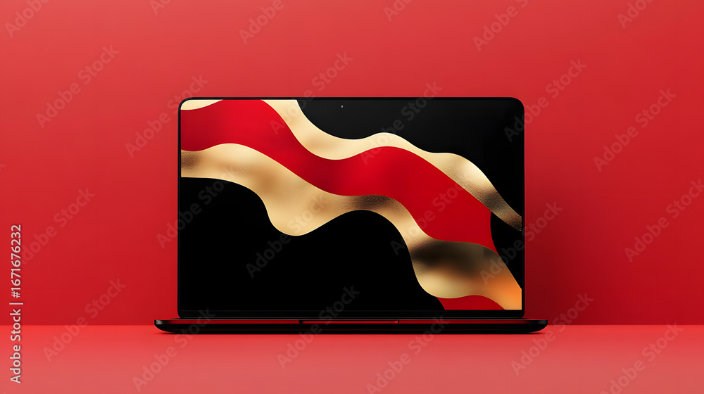 Aufkleber elegant laptop displaying dynamic red and gold abstract waves on a vibrant red surface, perfect for 