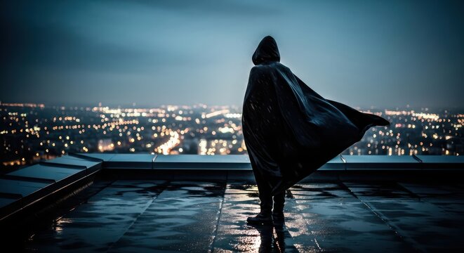 Gotham's silent guardian standing watch above the illuminated cityscape on a rainy evening
