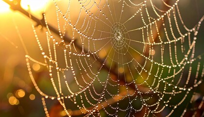 Close-up of a dew-covered spiderweb glistening in golden morning sunlight, surrounded by dry plants in a meadow