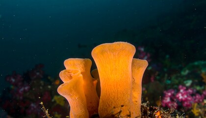 Vibrant orange sea sponge dominates the foreground against a backdrop of colorful coral and dark water