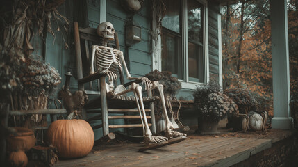 Naklejka premium Skeleton sitting on a rocking chair by the porch , Hallowen, photo style