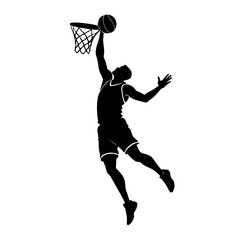 basketball player silhouette dunking vector isolated on white background, basketball dunk silhouette vector, slam dunk player icon vector, action basketball player illustration   © Sadek