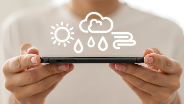 A person is holding a smartphone displaying weather forecast icons, including sun, cloud, rain, and wind, suggesting a modern and connected lifestyle with access to realtime weather updates