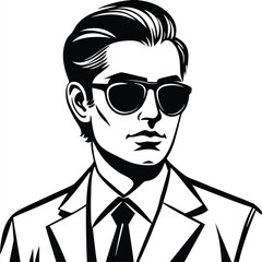 Suited man with slicked back hair stares ahead wearing dark sunglasses in monochrome