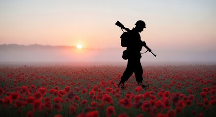 Silhouette of a Soldier Emerging Through a Field of Poppies at Dawn to honor rememberance
