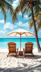 Fototapeta premium Wide shot of a beach with chairs and umbrella. 