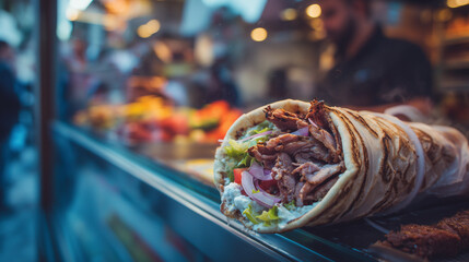 Gyro and wrap stall with spinning meat and fresh veggies, fast food, photo style