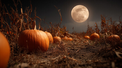 Haunted pumpkin patch under the moonlight, pumpkin, photo style