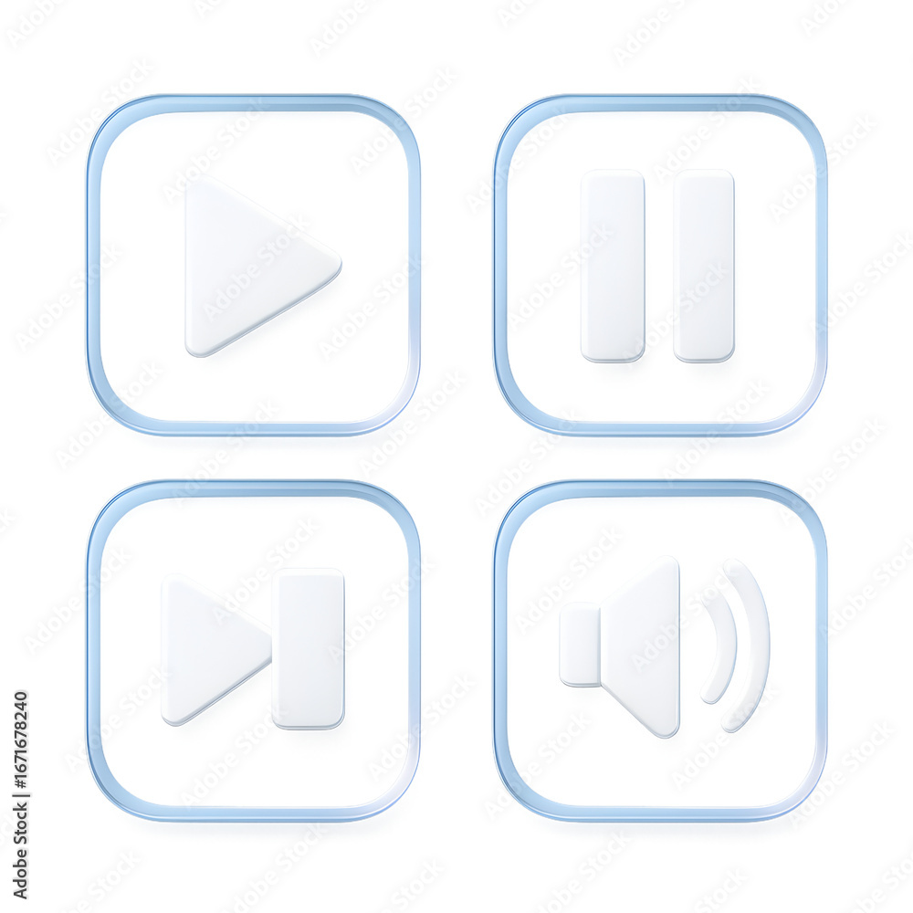 Poster media control 3d icons set isolated on transparent background, play pause forward and volume sound b