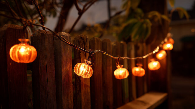 String lights shaped like pumpkins hanging on a fence , Hallowen, photo style