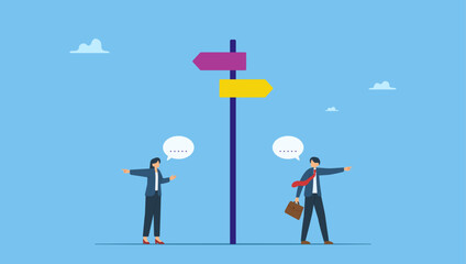 Businessman and businesswoman pointing to opposite positions. Different individual way, different business direction or team conflict, opposite decision, contrast or disagreement.
