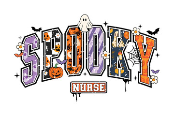 Spooky Nurse distressed text Halloween T-shirt Design. Retro groovy typography for a medical professional's holiday apparel with spooky patterns Sublimation
