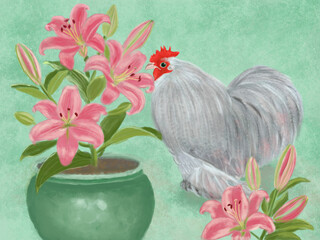  hand drawn grey rooster and lily flowers