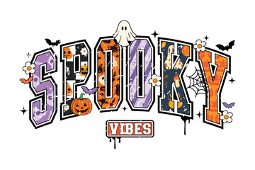 Spooky Vibes distressed text Retro Halloween Quote. Groovy 70s style typography design for t-shirts and posters illustration with cute ghost