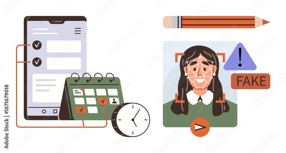 Poster tablet with checklist, calendar, and clock for task management alongside identity verification with 