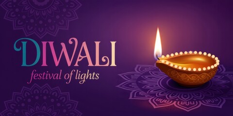 Naklejka premium Diwali festival of lights greeting card with a single illuminated diya placed on a purple background adorned with mandala patterns and decorative text