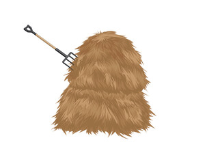 vector design of a brown haystack that looks thick and on the top left side of the haystack there is a fork with a wooden handle and four metal prongs stuck into the haystack