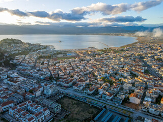 Aerial landscape city Nafplio former Greek Capitol winter sunset in Mediterranean Greece