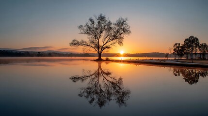 Obraz premium Perfect tree mirror images on still lake during sunrise 