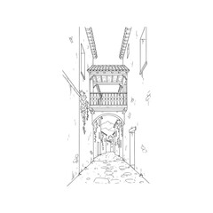 Minimalist line drawing of a narrow old town alley with a traditional balcony. Hand-drawn ink sketch of a European street scene.
