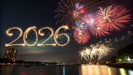 2026 Sparkler Numbers with Fireworks on Black Background - 5